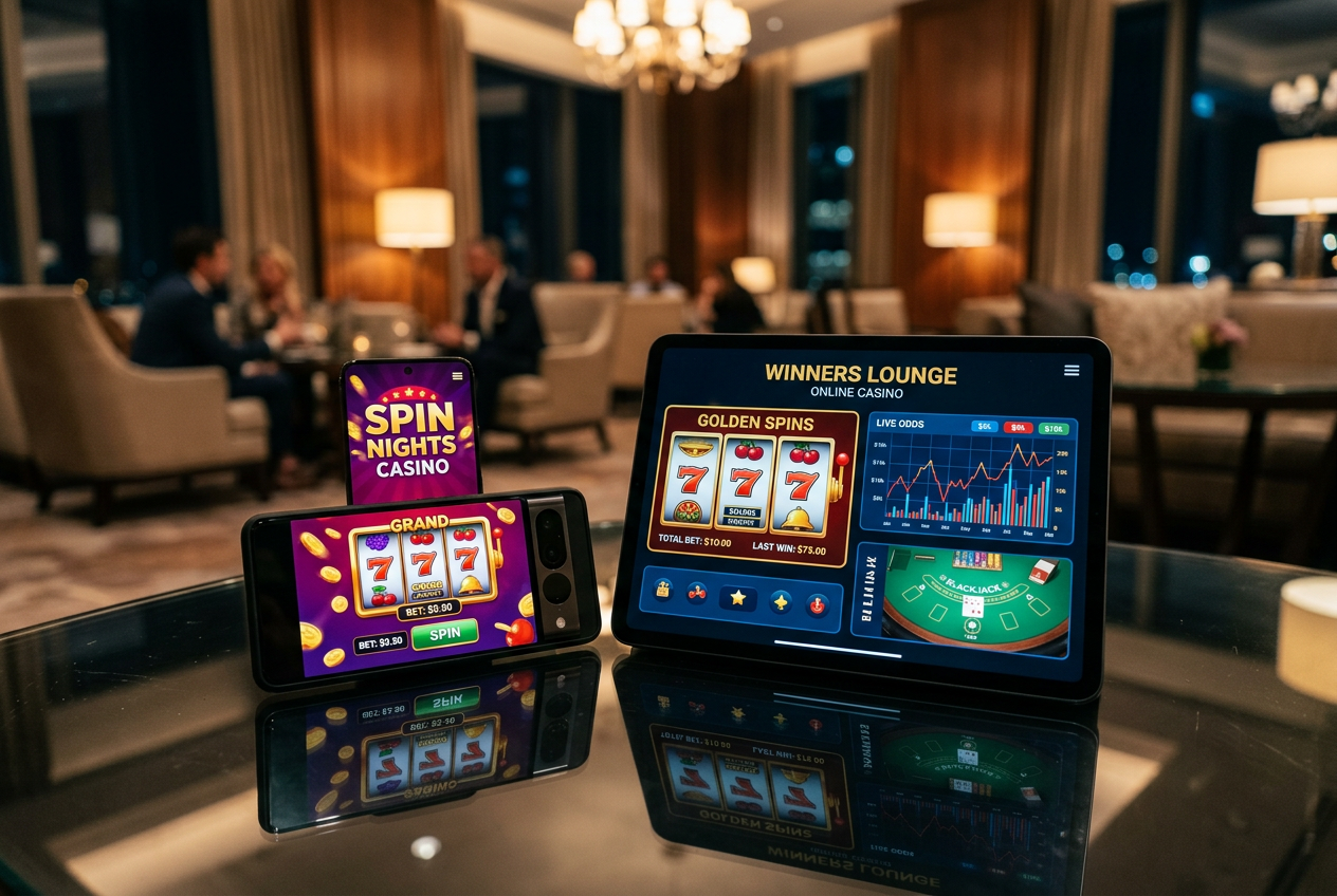 Digital device displaying online casino interfaces and graphs
