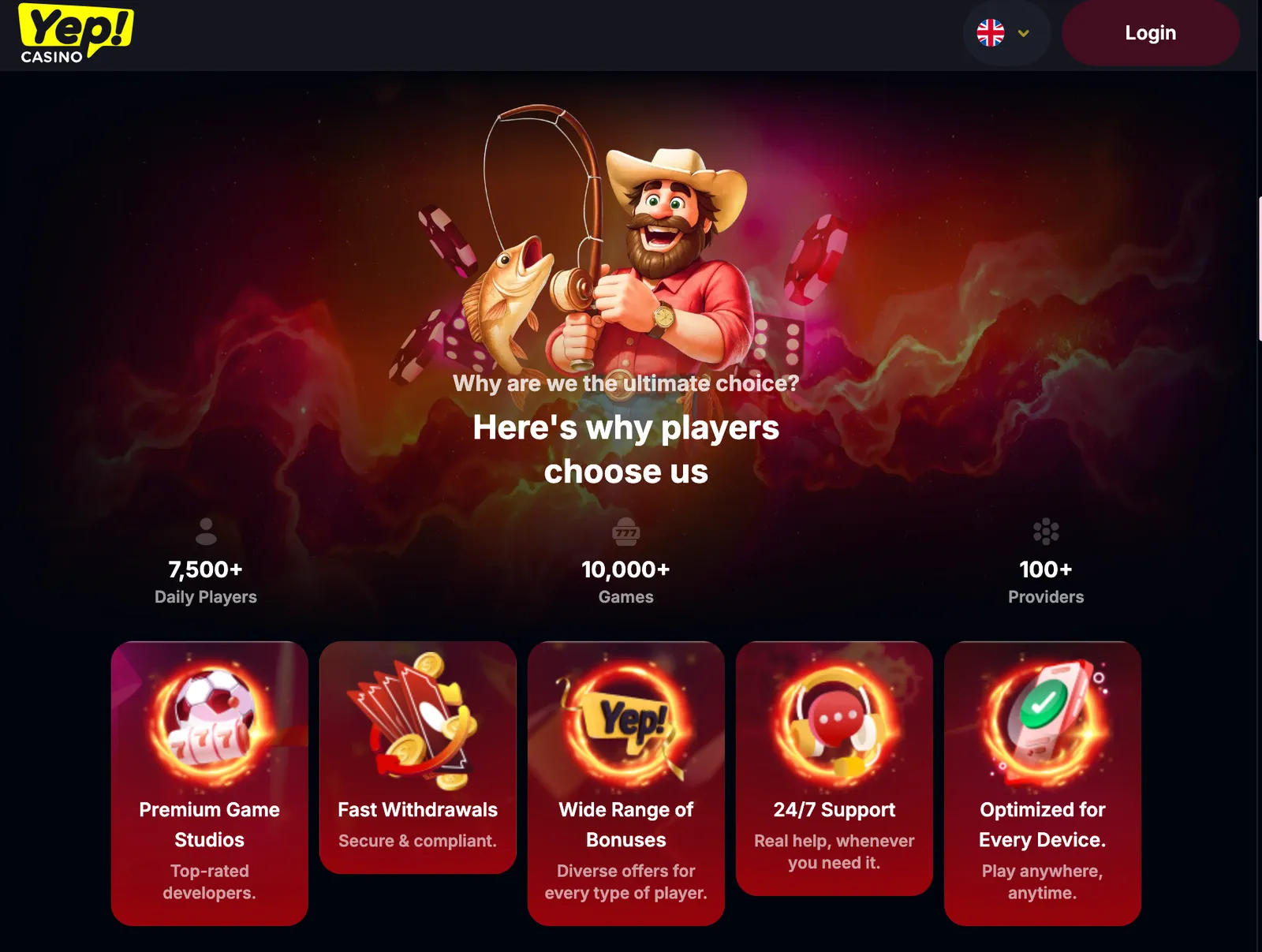 Η ενότητα παιχνιδιών του Yep Casino με επιλογές κουλοχέρηδων και κατηγορίες λόμπι